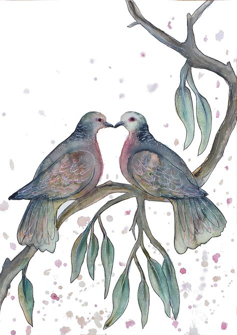 Two Turtle Doves (Watercolour on Paper) by Leni Kae 2 Turtle Doves 12 Days, Two Turtle Doves Illustration, Turtle Dove Drawing, Turtle Dove Illustration, Turtle Doves Christmas, Dove Artwork, 2 Turtle Doves, Second Day Of Christmas, Junk Kouture