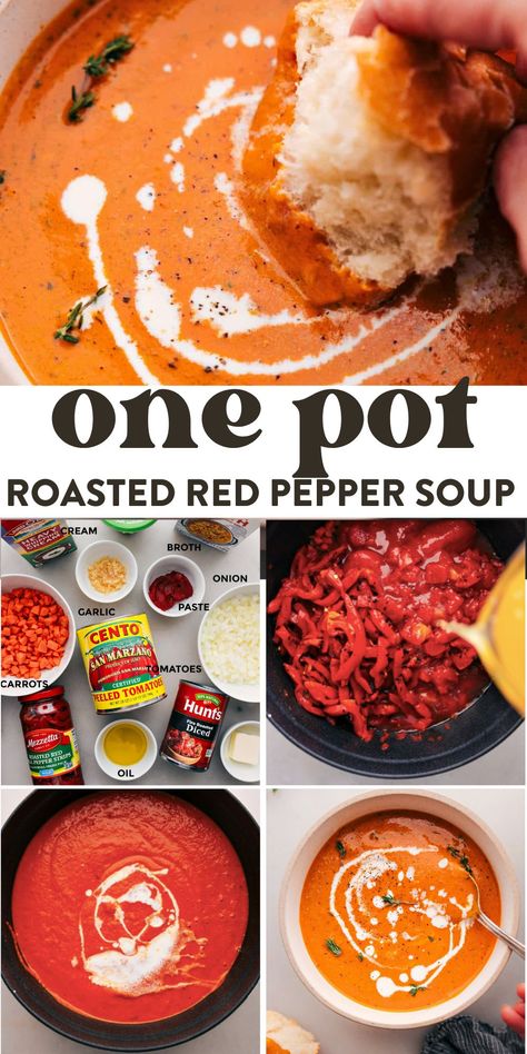 Roasted Red Pepper Soup is creamy and packed with flavor from tomatoes and roasted red peppers. The secret ingredient? A spoonful of basil pesto! Zupas Roasted Red Pepper And Lobster, Roasted Red Pepper Soup Crock Pot, Roasted Red Pepper Tomato Basil Soup, Red Bell Pepper Soup, Tomato Red Pepper Soup, Bell Pepper Soup, Tomato Basil Soup Recipe, Roasted Red Pepper Soup, Red Pepper Soup