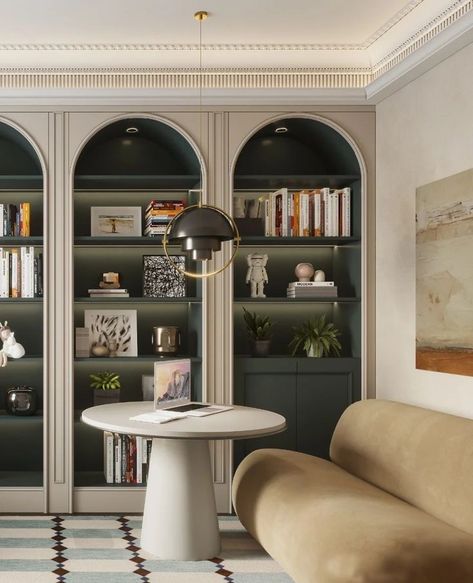 Green Shelves, Neoclassical Interior, Casa Country, Neo Classic, Built In Bookcase, Basement Design, Book Case, Classic Interior, Home Library