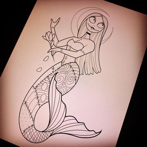 Halloween Mermaid Tattoo, Zombie Mermaid Tattoo, Gothic Mermaid Tattoo, Disney Traditional Tattoo, Sally Nightmare Before Christmas Tattoo, Sally Nightmare Before Christmas Drawing, Jack And Sally Drawing, Sally Tattoo, Jack Skellington Tattoo