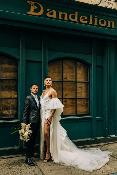 Speakeasy wedding inspiration featuring elegance, style and glorious gender fluidity Men’s Wedding Dress, Man In Wedding Dress, Gender Fluid Wedding, Queer Magazine, Lgbtqia Wedding, Gender Neutral Wedding, Speakeasy Wedding, Gender Fluidity, Modern Chic Wedding