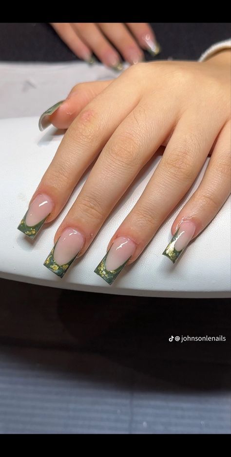 French tip gel x nails Green French Tip With Gold, Emerald Nail Designs, Dark Green French Tips, French Tip Gel X Nails, French Tip With Gold, Green And Gold Nails, French Tip Gel, Green French Tip, Gel X Nails