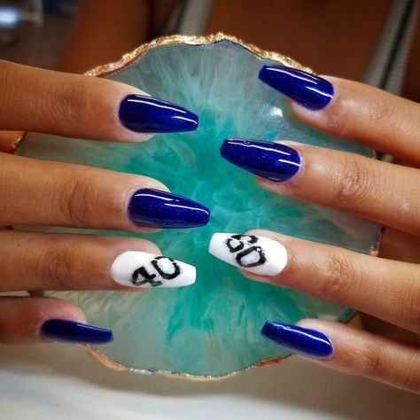 Bobcat blue football number nails! Royal Blue Football Nails, Football Number Nails, Football Nails With Number, Letter E On Nails, Blue Football Nails, Football Nail Designs School Colors, Number Nails Design, Blue Jays Nails, Lake Nails