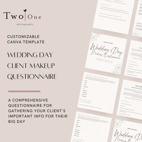 Wedding Day Makeup Questionnaire | Makeup Artists Template  | Canva Instant Download | HMUA, Timelines, Bridal Beauty Wedding Planning Timeline Printable, Makeup Artist Marketing, Self Care Summer, Questionnaire Design, Wedding Questionnaire, Wedding Day Hair, Summer Planner, Wedding Day Makeup, Marketing Template