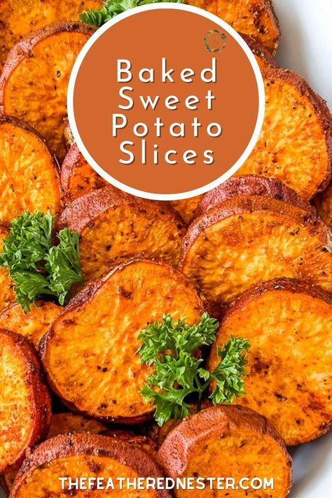 Baked Sweet Potato Slices are the perfect side dish for your holiday meal or an after-school snack. Baked sliced sweet potatoes are thinly sliced and baked until they are golden brown and tender. Baked Sweet Potato Slices, Sweet Potato Rounds, Sweet Potato Oven, Potato Rounds, Sweet Potato Side Dish, Sweet Potato Sides, Sweet Potato Recipes Healthy, Potato Slices, Sweet Potato Slices