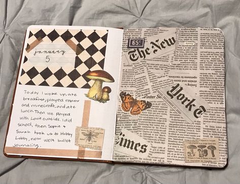 Bullet journal-newspaper-vintage-cottagecore Journal Ideas Newspaper, Newspaper Journal Aesthetic, Newspaper Journal Ideas, Vintage Childhood Aesthetic, Cottagecore Bujo, Cottagecore Bullet Journal, Cottagecore Journal, Aesthetic Bullet Journal, Newspaper Vintage