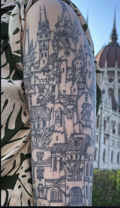 Architectural Tattoos, Medieval Battlefield, Ox Tattoo, Building Tattoo, Dragon Perched, Nautical Steampunk, Antique Tattoo, Electric Tattoo, Thing To Draw