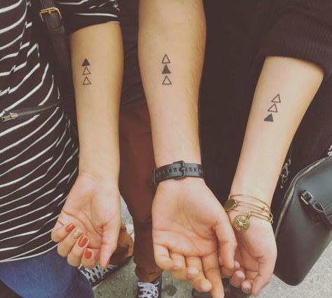 Sibling tattoo triangles Triangle Meaning, Siblings Tattoo For 3, Brother Tattoos, Triangle Tattoos, Sibling Tattoos, Best Tattoos For Women, Upper Arm Tattoos, Small Tattoos Simple, Zodiac Tattoos