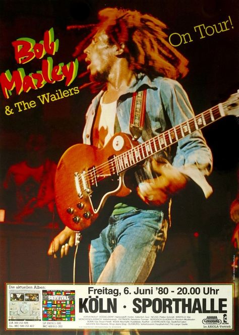 BOB MARLEY & THE WAILERS – 1980 KOLN, GERMANY CONCERT POSTER A beautiful concert poster advertising a show by Bob Marley and the Wailers at the Sporthalle in Koln (Cologne), Germany, June 6, 1980.  The poster measures 23 1/4″ x 33″ and is...  Artists: Bob Marley & The Wailers $1,500.00 US.......16 Reggae Music Posters, Bob Marley Concert, Image Bob Marley, Bob Marley And The Wailers, Bob Marley Poster, Vintage Music Art, Bob Marley Pictures, Robert Nesta, Nesta Marley