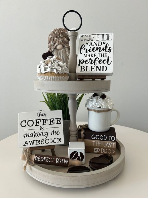 Coffee Signs and Bookstack - Etsy Canada Kitchen Display Shelves, Estilo Farmhouse, Farmhouse Coffee Bar, Coffee Collection, Tea Station, Tier Trays, Decoupage Wood, Summer Decorations, Tier Shelf