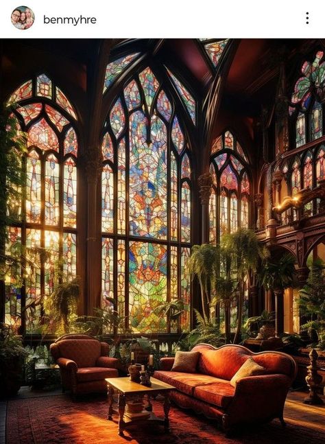 Library With Stained Glass Windows, Castle Stained Glass Windows, Stained Glass Library, Renovation Ideas Exterior, Victorian Stained Glass Windows, Glass Mansion, Gothic Revival House, Library Inspiration, Revival Architecture