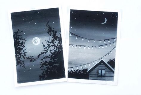 Night Sky Painting, Magical Night, Easy Canvas Art, Oil Pastel Art, Gouache Art, Canvas Painting Designs, Acrylic Painting For Beginners, Sky Painting, Black And White Painting