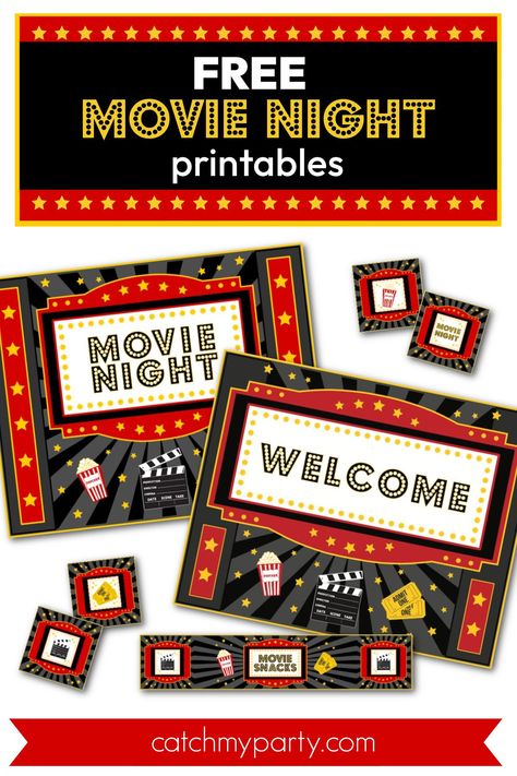 There's nothing better than going to the movies and sharing the experience with others. Replicate this feeling by treating your family and friends to a family movie night party at home and catch up on an old favorite or a new release! Make a night of it and use our FREE movie night printables to decorate your house and recreate some movie theater magic! See more party ideas and share yours at CatchMyParty.com Movie Night Decorations Indoor, Movie Night At School, Movie Night Invitations Free, Family Movie Night Printables, Family Movie Night Tickets Free Printable, Movie Night Banner Free Printable, Family Movie Night Tickets, Movie Night Party Decorations, Movie Night Printables