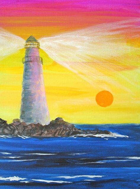 Simple-And-Easy-Lighthouse-Painting-Ideas Easy Famous Paintings, Famous Art Pieces, Famous Lighthouses, Chinese Landscape Painting, Lighthouse Painting, Painting Ideas For Beginners, Easy To Draw, Back Painting, Famous Paintings