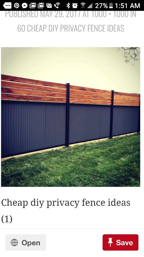 Cheap Privacy Fence, Pagar Modern, Corrugated Metal Fence, Yard Privacy, Diy Privacy Fence, Privacy Fence Ideas, Privacy Fence Designs, Cheap Fence, Cheap Backyard