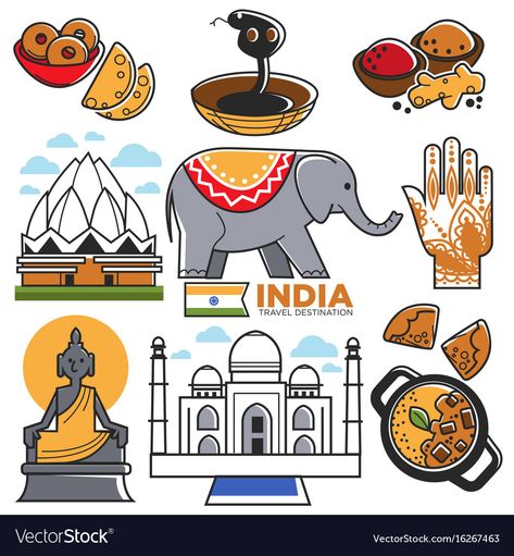 India tourism travel and indian culture Royalty Free Vector Free Printable World Map, India Tourism, India For Kids, Lotus Temple, India Poster, Ganesha Elephant, India Crafts, Geography For Kids, Culture Day