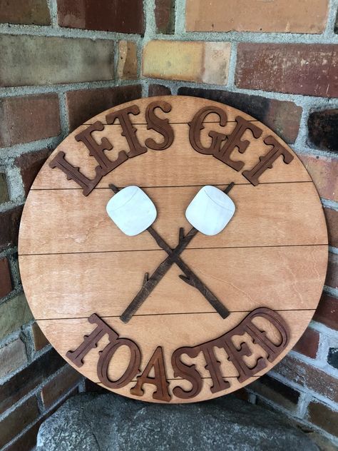 Lets Get Toasted Camping Smores Wooden Round Sign - Etsy Marshmallow Campfire, Camping Smores, Camping Projects, Music Festival Camping, Wine Glass Candle Holder, Wine Glass Candle, Christmas Wooden Signs, Tier Trays, Food Signs