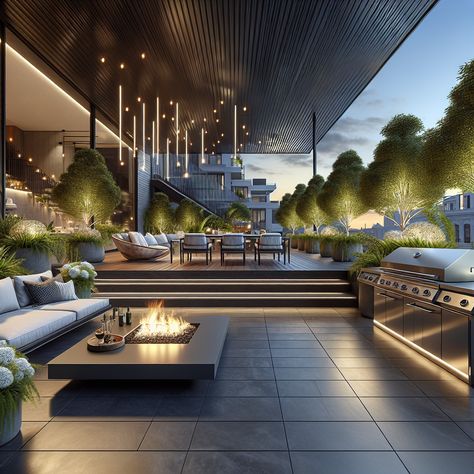 A sleek outdoor patio designed for a bachelor, with grey stone floors, lush plants, and a chic grill area. Includes an inviting fire pit, modern bar, comfortable lounge set, and a view of the cityscape. #PatioDesign #BachelorPad #UrbanLiving #OutdoorLounge #LuxuryGrill #CityViews Balcony With Fire Pit, Rooftop Lounge Home, Rooftop Lounge Bar, Luxury Rooftop Lounge, Roof Top Lounge Rooftop Bar, Apartment Rooftop, Lounge Bar, Terrace Garden Design, Rooftop Terrace Design