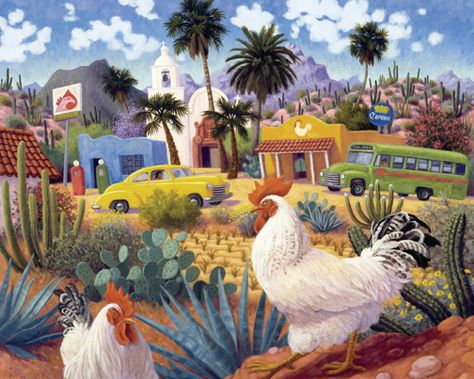 Stephen Morath ~ "Gallos Blancos"    "White Roosters" Very nice and colorful! Stephen Morath, Mexican Beaches, Into The West, Puzzle For Adults, 500 Piece Jigsaw Puzzles, Southwest Art, 500 Piece Puzzles, Land Scape, Landscape Art