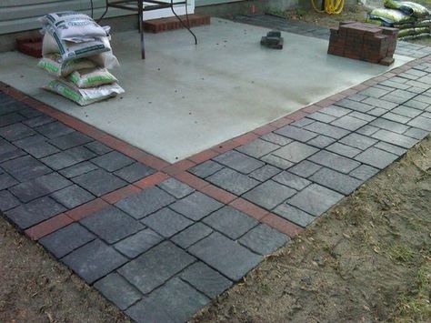 Concrete patio expanded with pavers/flagstones. http://slickdeals ... Diy Concrete Patio, Patio Blocks, Concrete Patio Makeover, Small Outdoor Patios, Cement Patio, Concrete Patios, Concrete Patio Designs, Gravel Patio, Patio Slabs