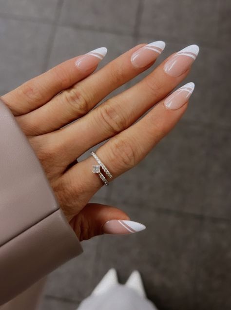 Modern French Acrylic Nails, Bridal Wedding Nails Almond, French Nail Designs Round Shape, Chic Almond Nail Designs, White Nails Almond Shape Design, Slanted French Nails, French Nail Designs Round, Elegant Nails Oval, Bridal Nails Wedding Elegant Almond Shape