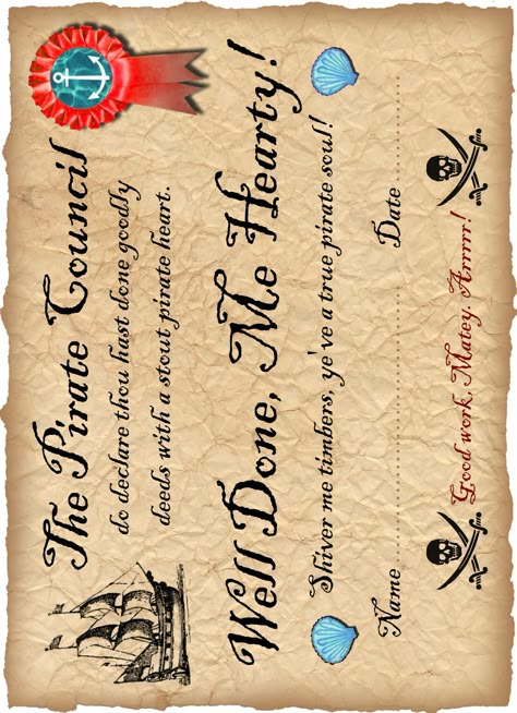 Printable pirate certificate saying well done Pirate Certificate Free Printable, Pirate Camp Activities, Pirates Journal, Pirate Day Activities, Pirate Activities For Kids, Preschool Pirates, Pirate Vocabulary, Pirate Craft, Pirate Words