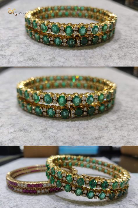 Classic Emerald and Diamond Bangle Pair. Oval Zambian Emeralds, handpicked and calibrated stones flanked by round diamonds for the perfect bangles set in 18K Yellow Gold. Emerald Diamond Bangles, Emerald Bangles, Diamond Bangles, Bangles Set, Zambian Emerald, Diamond Bangle, Bangle Set, Emerald Diamond, Wrap Bracelet