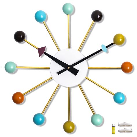 PRICES MAY VARY. Aurtem replica George Nelson ball clock furnishing with quality wood, metal and movement ensures its longevity With silent wall clock mechanism design. Noiseless at night and focus more in studying or working Cool retro mid century wall clock blended perfectly with your home office mid century modern décor The mid century wall clock is 20" (50cm) diameter. Runs on 1 AA zinc carbon battery (included). Use 12 wooden balls as timing indicators, easy to read the time Aurtem provides Sunburst Wall Decor, Mid Century Modern Clocks, Modern Retro Decor, Starburst Clock, Mid Century Wall Clock, Mid Century Clock, Modern Classroom, Cat Clock, 70s Home Decor