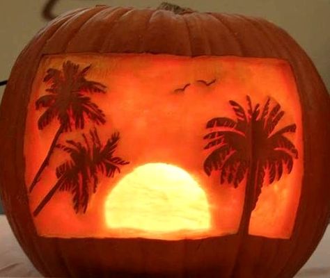 A tropical palmy beach pumpkin! And others... featured on BBL: http://beachblissliving.com/beach-pumpkins-fall/ Florida Halloween, Coastal Halloween, Pumpkin Competition, Fall Rolls, Labu Halloween, Coastal Fall, Pumkin Carving, Pumpkin Stencils, Pumpkin Carving Contest