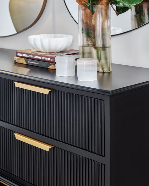 Fluted Chest Of Drawers, Chest Of Drawers As Bedside Table, Crockery Console, Bedroom Chest Of Drawers Styling, Fluted Bedside Table, Black Bedside Tables, Chest Of Drawers Styling, Small Bedside Tables, Dresser Hack