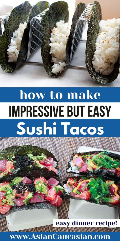 Sushi Stacks Recipe Salmon, Sushi Tacos Recipe, Sushi Ideas Creative, Japanese Tacos, Japanese Fusion Food, Sushi Stacks Recipe, Sushi Seasoning, Gunkan Sushi, Fusion Sushi