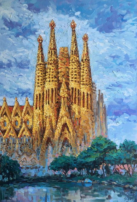 Patriots Painting, Sagrada Familia Drawing, Sagrada Familia Aesthetic, Sagrada Familia Painting, Barcelona Painting, Arch Painting, Romance Languages, Impressionism Landscape, Surface Art