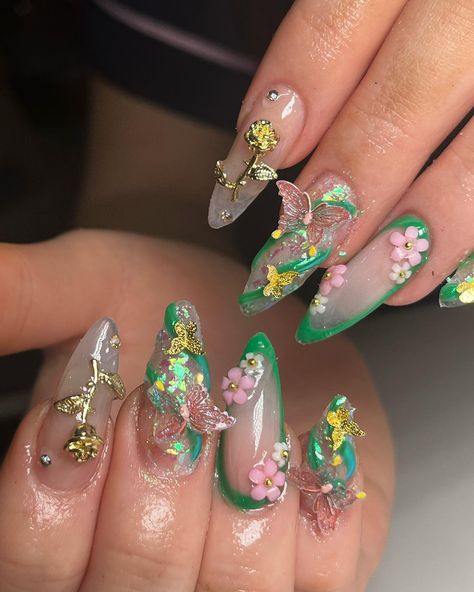 Fairy garden vibes 🧚 Fairy Vibe Nails, Pink And Green Fairy Nails, Fairy Garden Nails Design, Garden Fairy Nails, Enchanted Garden Nails, Garden Nails Design, Fairy Garden Nails, Fairy Nails Acrylic, Fairy Aesthetic Nails