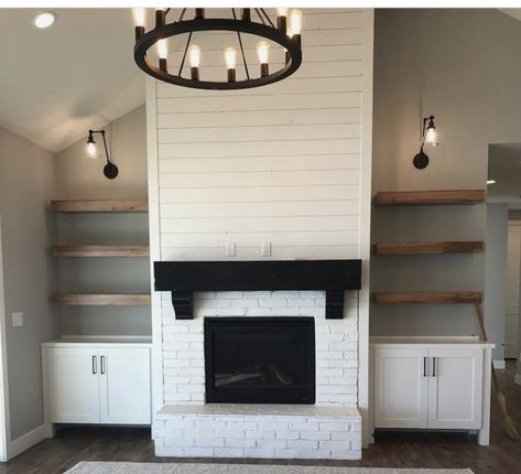 White Brick Fireplace, Built In Shelves Living Room, Brick Fireplace Makeover, White Shiplap Wall, Fireplace Built Ins, Fireplace Remodel, Home Fireplace, White Brick, Living Room Remodel