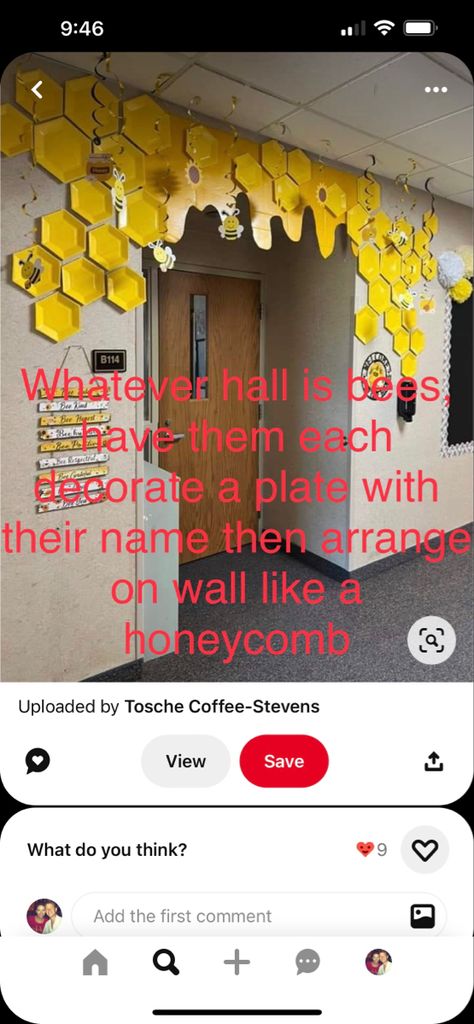 Whichever hall is bees, have rhem decorate a plate with their name, then hang in a honeycomb pattern Honeycomb Diy Decoration, Honeycomb Party Decor, Honey I Shrunk The Kids Decorations, Magnified Vbs 2025, Vbs Magnified, Diy Honeycomb, Lifeway Vbs, School Board Decoration, Honeycomb Decorations