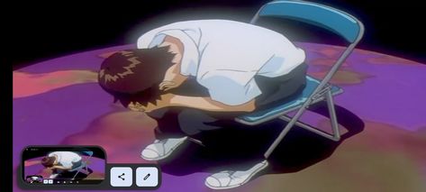 Shinji Chair Scene, Shinji Sitting On Chair, Shinji Crank That Soulja Boy, Shinji Listening To Music, Shinji Chair Pose, Shinji Sitting, Guy Sitting Reference, Man Sitting Pose Reference, Shinji Pose