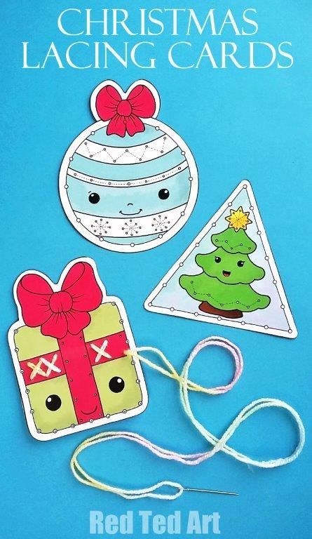 Printable Christmas Lacing Cards - how cute are these DIY Printable Lacing cards? Make use of the Colouring Pages or the fully coloured ones. Learn about shapes , circles, triangles and squares and get those fine motorskills going. Use as greeting cards, ornaments or garlands. #Christmas #preschool #christmaspreschool #christmasprintables #printables Christmas Lacing Cards, Letter Lacing Cards Free Printable, Preschool Lacing Activities, Lacing Shapes Free Printable, Free Printable Lacing Cards, December Worksheets, Diy Lacing Cards, Pinterest Sign, Preschool Stations