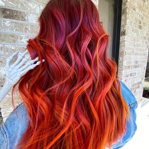 Pink Red Orange Hair, Orange Hair Colors, Pink Orange Hair, Orange Hair Color Ideas, Apricot Hair, Sunset Hair Color, Orange Hair Color, Red Pink Hair, Pink And Orange Hair