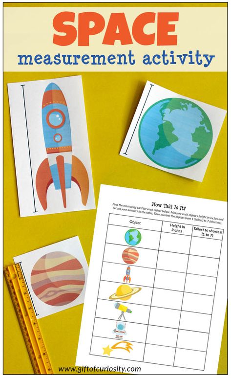 Space Measurement Activity: Kids will use a ruler to measure the height of space-related objects in either inches or centimeters, then rank the objects by height from tallest to shortest. Lots of great learning in this low-prep printable activity! #space #STEM #STEAM #printables #GiftOfCuriosity #handsonlearning #measurement #measuring || Gift of Curiosity Space Measurement Activities, Measurement Preschool, Homeschool Astronomy, Space Stem, Astronaut Training, Homeschool Units, Planets Activities, Space Theme Preschool, Steam Kids