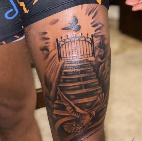 Heavenly Tattoo, Heaven Gates, Stairway To Heaven Tattoo, Calf Sleeve Tattoo, Simple Leg Tattoos, Heaven Tattoo, Mens Body Tattoos, Arm Tattoos Black, Thigh Tattoo Men