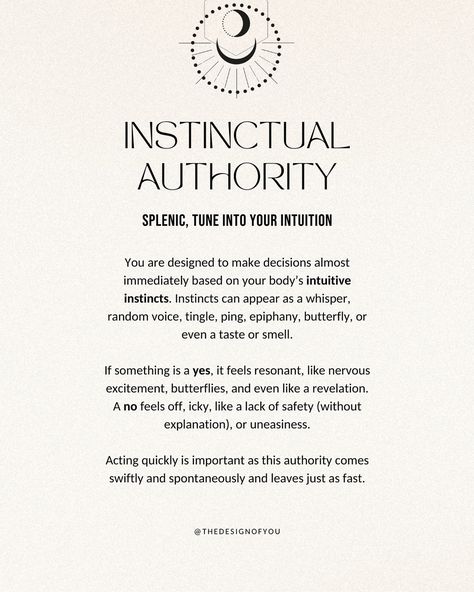 Let’s dive into Authority in Human Design!💫 Your Authority is your inner compass or intuition. It helps you make decisions and guides you to all the right places, people, and opportunities! By following your authority, you can truly never go wrong ✨ To look up your chart and find out what your unique authority is, comment MYCHART and I will send you the link to generate your HD chart for free!👇🏼 If you are interested in learning more about your human design, check out my 95+ page personal... Splenic Authority, Manifesting Generator, Gene Keys, Areas Of Life, Human Design System, Design 101, All The Right Places, Human Design, Design System