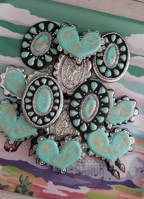 Turquoise Western Party Decorations, Turquoise Desserts, Turquoise Western Party, Turquoise Jewelry Cookies Decorated, Cow Print And Turquoise Birthday, Turquoise Cookies Decorated, Western Sugar Cookies, Western Turquoise Birthday Cakes, Cow Print Sunflower Cake