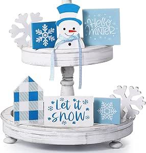 Snowflake Sign, Farmhouse Tray Decor, Winter Tiered Tray Decor, Let It Snow Sign, Kitchen Coffee Bar, Snow Signs, Tray Decor Christmas, Kitchen Shelf Decor, Kitchen Table Centerpiece