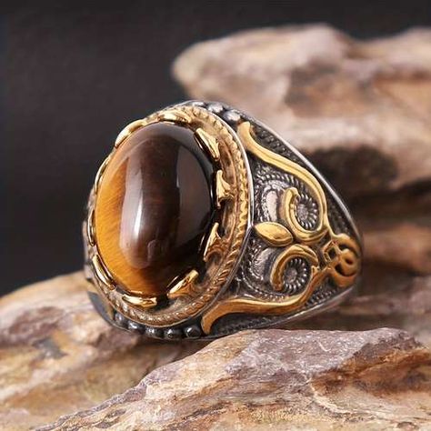 Tiger Eye Ring, Skull Pendant Necklace, Mens Rings Fashion, Hand Carved Stone, Carved Ring, Turkish Jewelry, Carved Stone, Vintage Punk, Estilo Punk