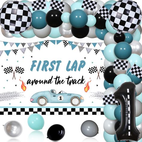 PRICES MAY VARY. First Trip Around the Track Birthday: You will get 49 x latex balloons 12 inches, 20 x latex balloons 5 inches, 1 x birthday backdrop 5*3 ft, 1 x number 1 foil balloon 40 inches (Helium Supported), 2 x round foil balloons 18 inches (Helium Supported), 7 x racing flags 5.5*8.3 inches, 1 x balloon tape strip, 1 x adhesive dispense, 2 x white ribbons. Vintage Fast One Birthday Decorations for Boys: Our racing car birthday party decorations set uses vintage colors, the combination o Car First Birthday Party, Vintage Birthday Decorations, Race Car First Birthday, Car First Birthday, Cars Birthday Party Decorations, Boy Birthday Decorations, Car Themed Parties, 1st Birthday Party Decorations, First Birthday Party Decorations