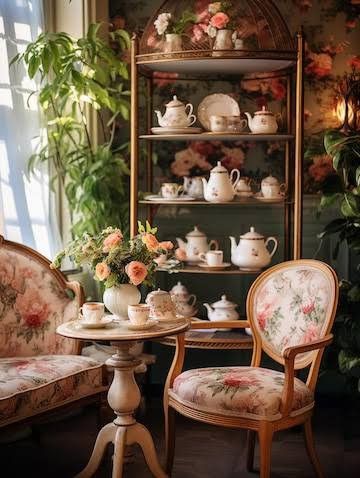 Tea Rooms Ideas Vintage, Home Tea Room, Small Tea Room, Light Academia Living Room, Tea House Interior, Tea Room Ideas, Victorian Tea Room, Academia Living Room, Spare Room Ideas