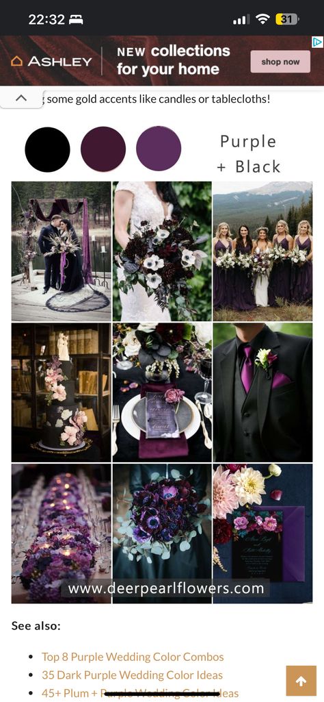 Purple Black White And Silver Wedding, Black Purple Wedding Theme, Purple And Black Wedding Theme Color Palettes, Black And Purple Wedding Theme Receptions, Enchanted Night Wedding, Witch Aesthetic Wedding, Gothic Wedding Color Schemes, Dark Purple And Black Wedding, Halloween Wedding Colors