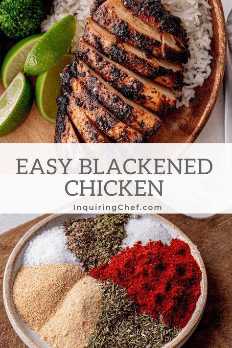 With zesty, bold spices and a dark, seared crust, Blackened Chicken is a flavorful protein to serve on its own or over salad, pasta, or rice. This recipe includes instructions for the stovetop, grill, or air fryer. Blackened Chicken And Pasta, Blackened Chicken Crockpot, Stove Grilled Chicken, Blackened Chicken Air Fryer Recipes, Blackened Chicken Pesto Pasta, Blackened Chicken Sandwich Recipe, Blacked Chicken Recipe, Blackened Chicken Salad Recipes, Blackened Chicken Stir Fry