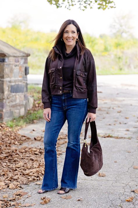 Fall Color Crush: Chocolate Brown Jo Lynne Shane, Dark Wash Jeans Outfit, Dark Washed Jeans Outfit, Wash Jeans Outfit, Over 40 Outfits, Jolynne Shane, Cozy Fall Outfits, 2024 Color, Chocolate Brown Colour