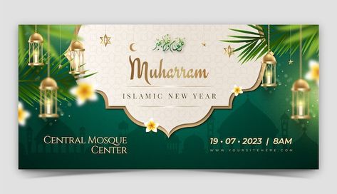 Realistic horizontal banner template for... | Free Vector #Freepik #freevector #islamic-new-year #islamic-year #tahun-baru-islam #islamic-muharram Islamic Banner Design, Poster Tipografi, Islamic Year, Islamic Banner, Islamic New Year, Banner Designs, Vertical Poster, Idul Fitri, Graphic Design Lessons